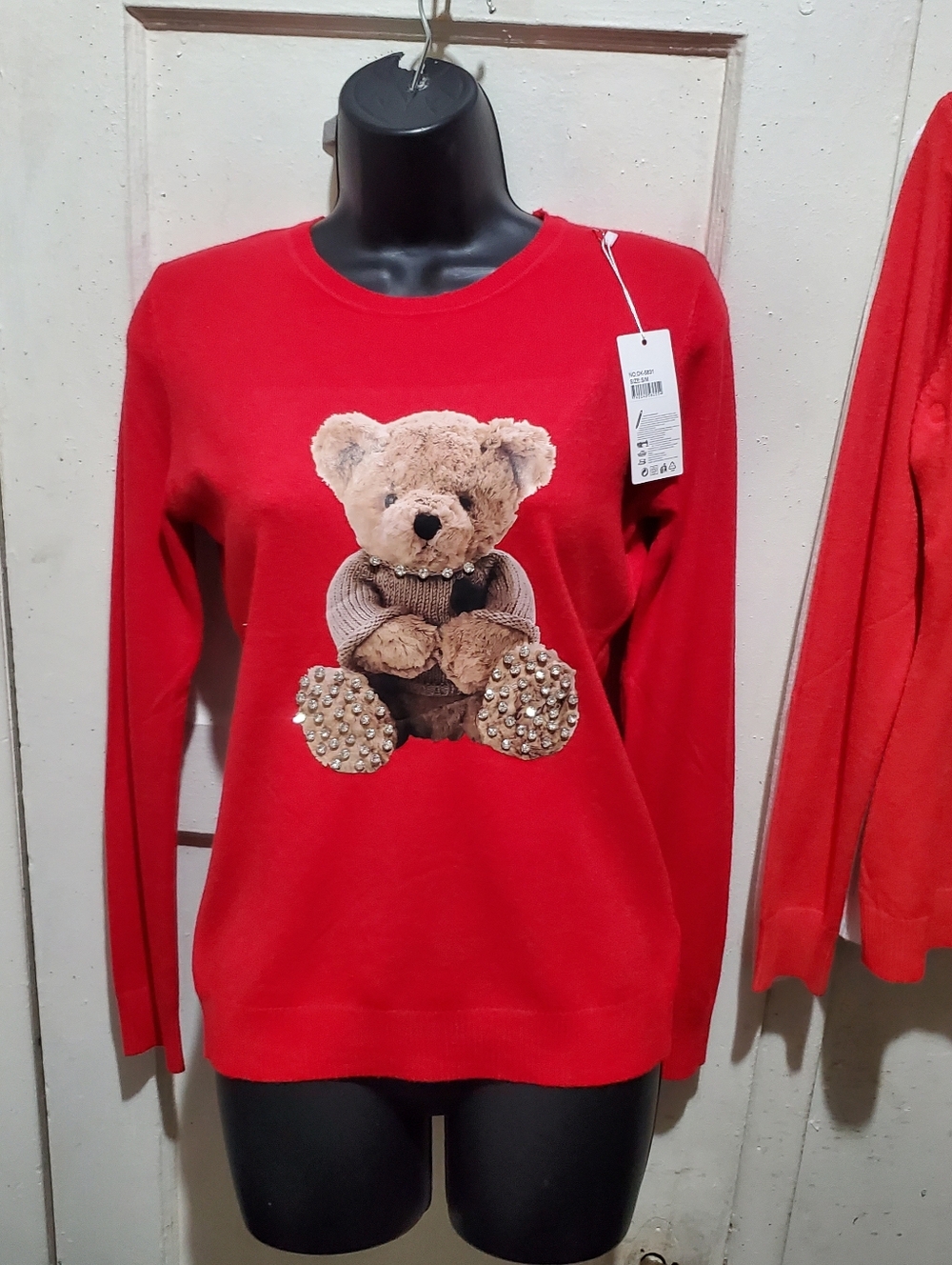 Red Teddy Bear Embellished Sweater Size S/M